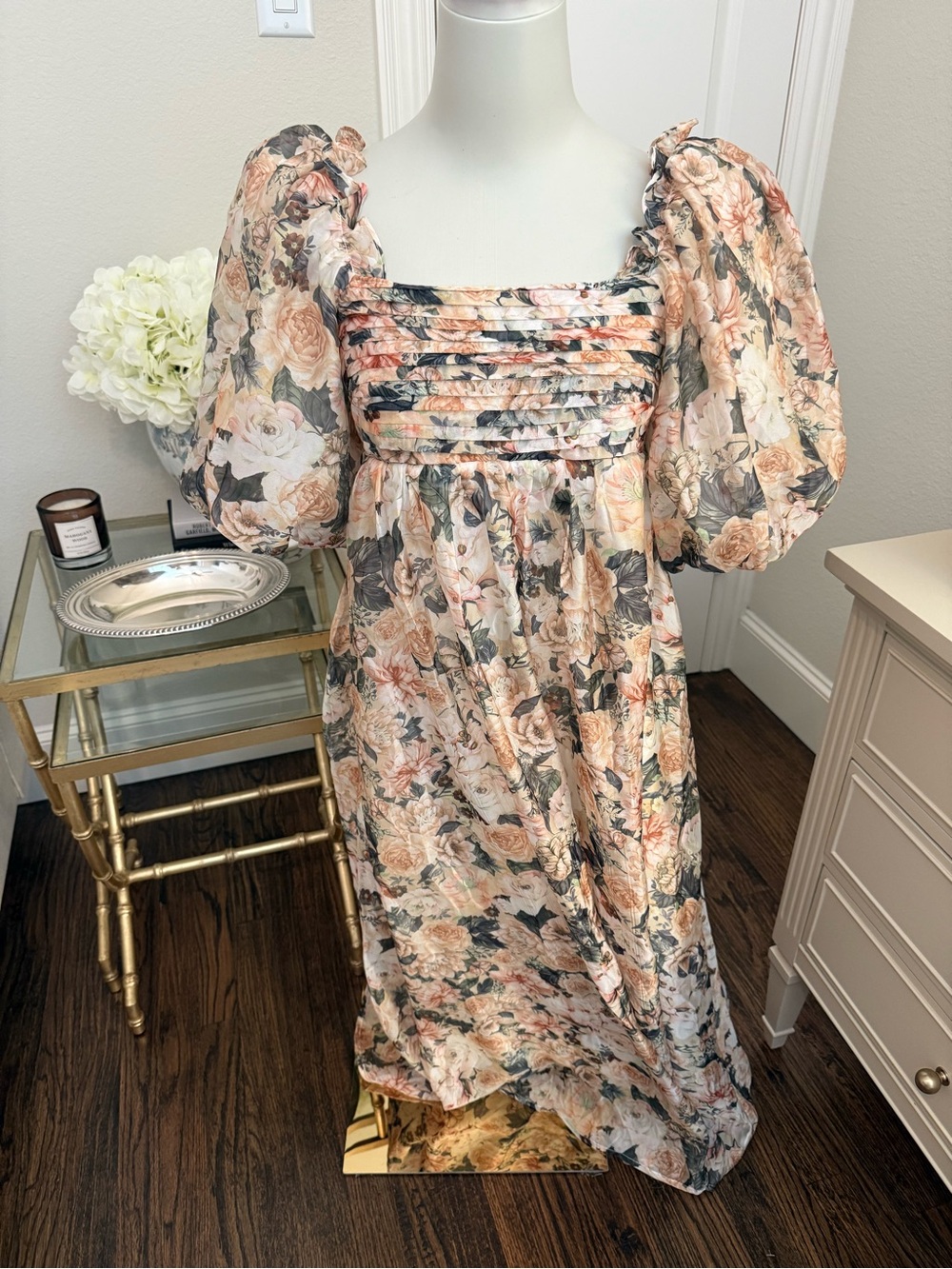 Floral Maxi Dress with Puff Sleeves - Cream & Green - Picture 2 of 8